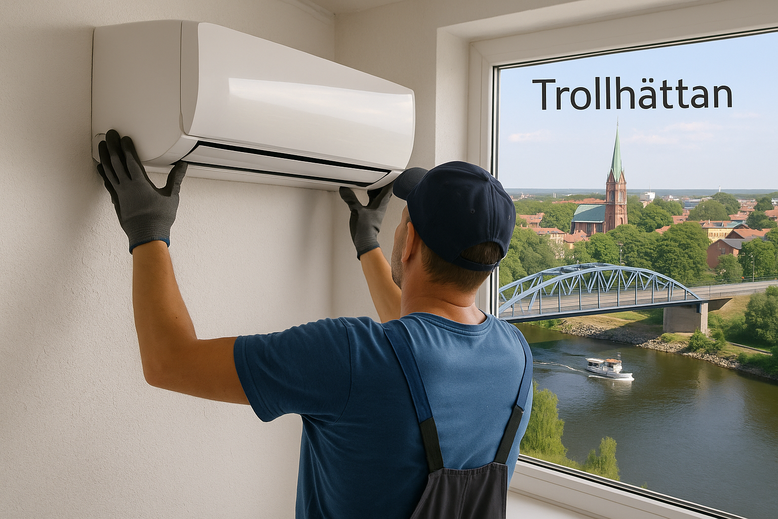 Installation av luftvärmepump i Trollhättan med utsikt över Göta älv.