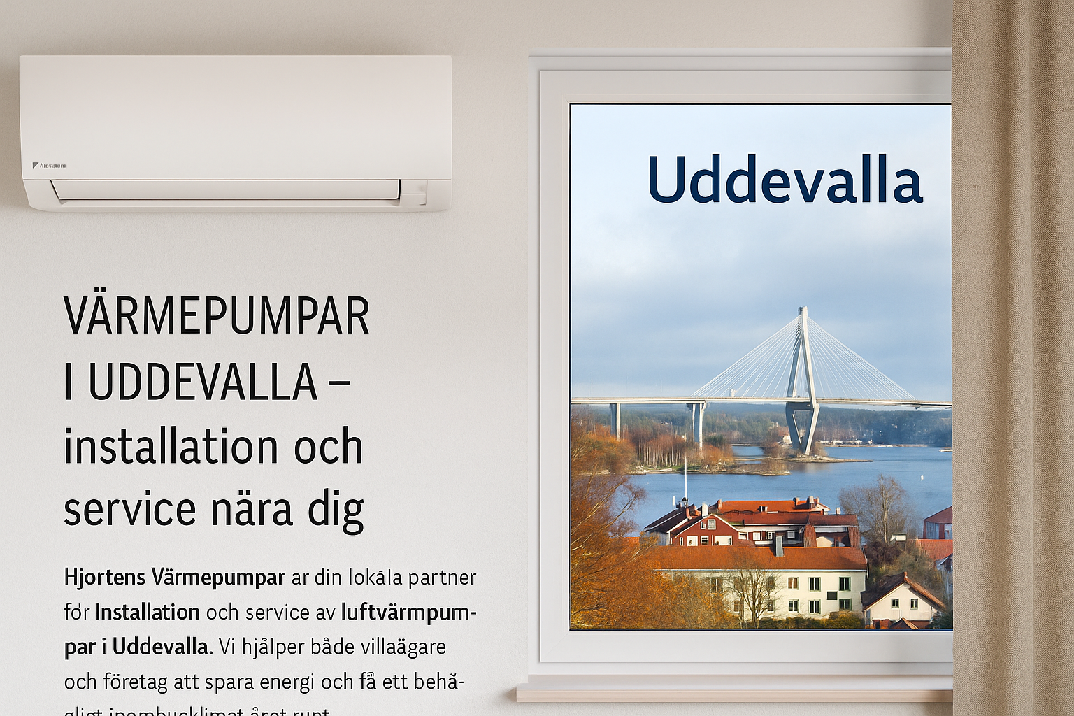 Luftvärmepump installerad i Uddevalla med utsikt över Uddevallabron.